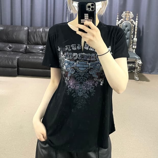 할리데이비슨 빈티지 글리터 프린팅 컷팅 반팔 티셔츠 XL