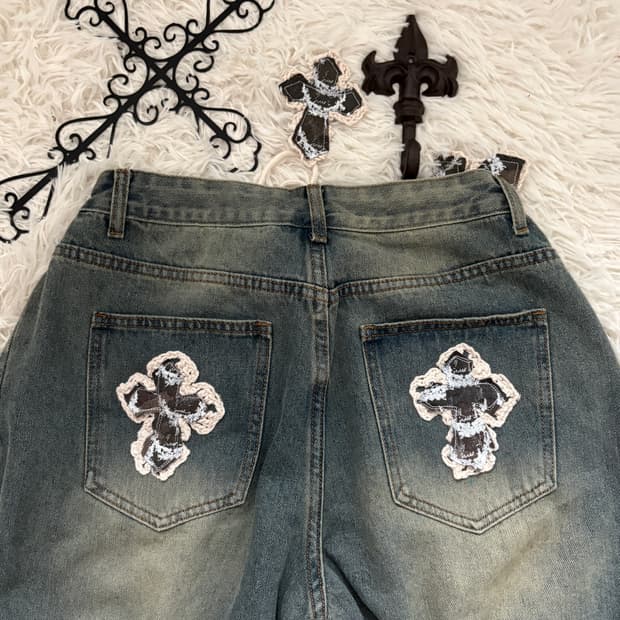 • hurtmade denim cross patch wide denim 