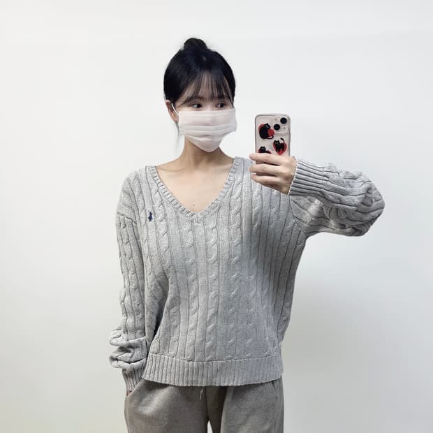 폴로 랄프로렌 케이블 브이넥 니트 그레이