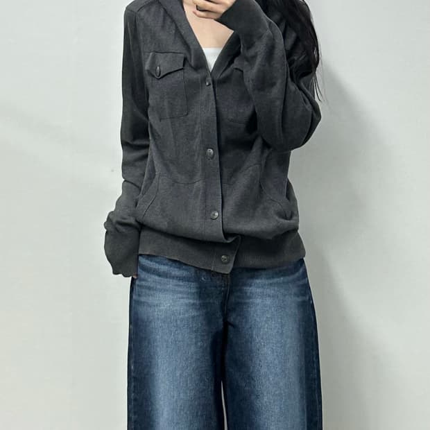 Vintage 빈티지 포켓 차콜 니트 후드 가디건
