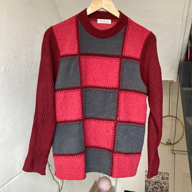 빈티지 버건디 패치 니트