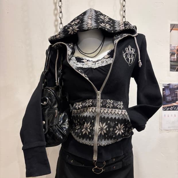 liz lisa doll 리즈리사돌 자수 니트 포켓 눈결정 후드집업