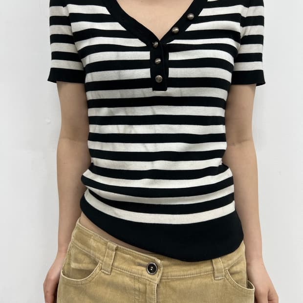 black stripe button knit top
