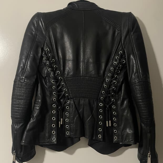 디스퀘어드2 블랙 백 레이스업 램스킨 레더 바이커 자켓