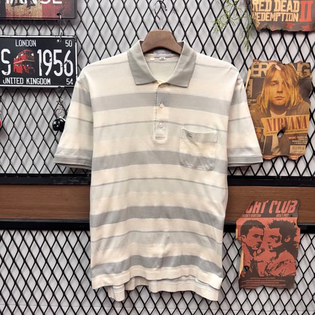 90s 버버리 스트라이프 패턴 반팔 PK 그레이 아이보리