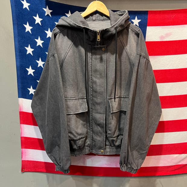 워싱 차콜 데님 후드 자켓