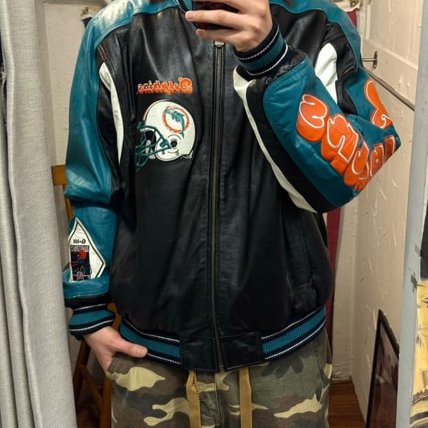 90s G-lll 칼뱅크 레더 바시티자켓 NFL 마이애미 돌핀스 블랙