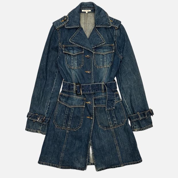 military pocket belted denim coat