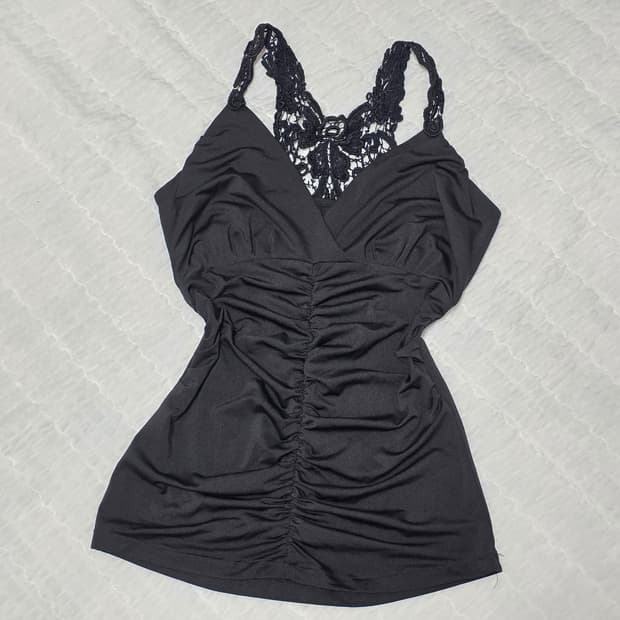 블랙오네갸루st 레이스 섹시 등트임 셔링 슬리브리스