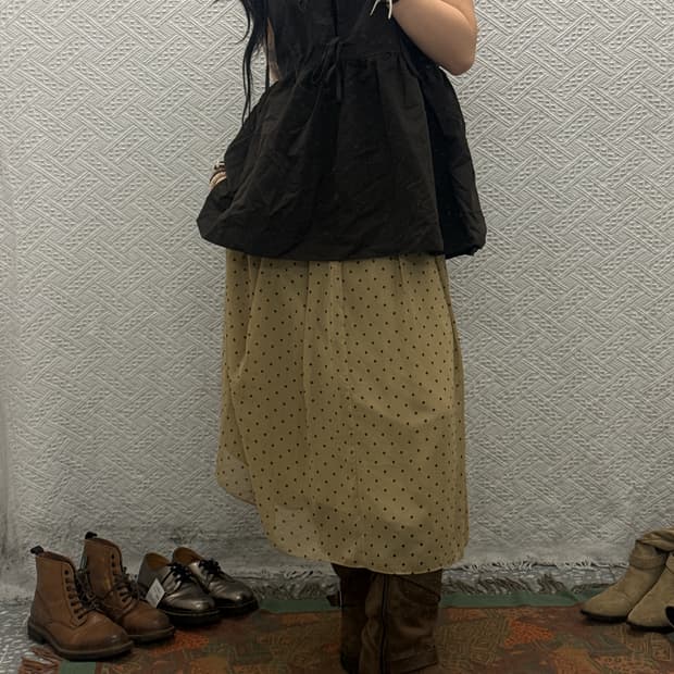 빈티지 레트로 Y2K 시어 땡땡이 도트 핀턱 플레어 롱스커트 K0062