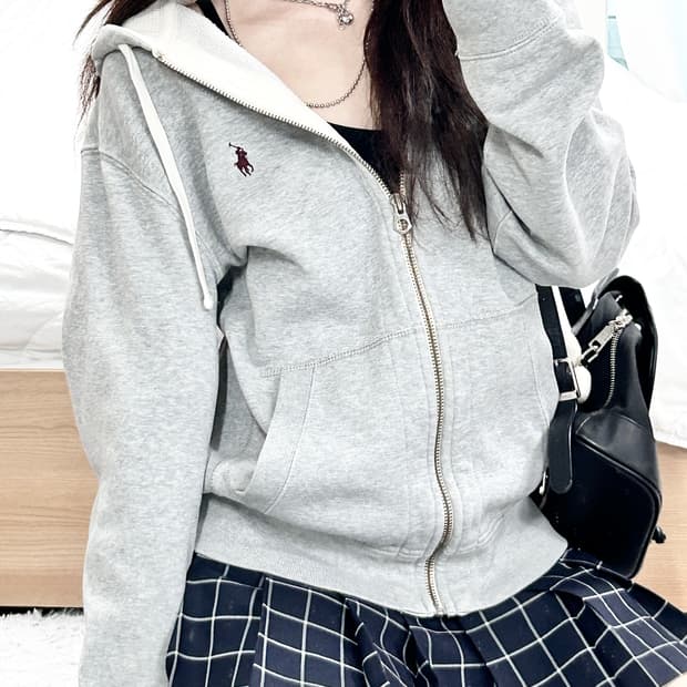 폴로 버건디포니 그레이 후드집업