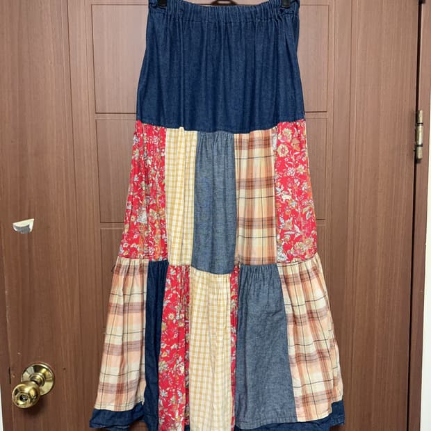 일본 빈티지 모리걸 하구미 패치워크 롱 스커트 체크 잔꽃 원피스