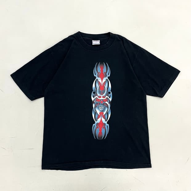 90s 싱글스티치 스컬 해골 트라이벌 빈티지 반팔 티셔츠 블랙