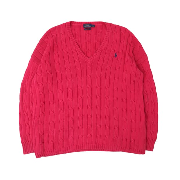 폴로 랄프로렌 핑크 케이블 오버핏 브이넥 니트