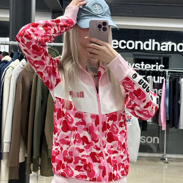  베이프 ABC 카모 레온 릴렉스드 샤크 풀 집 후드 핑크