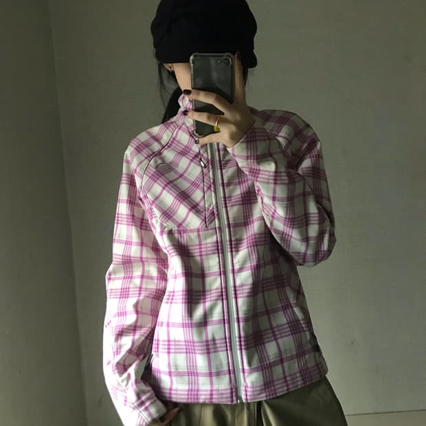 노페 플럼핑크 체크 후리스 자켓