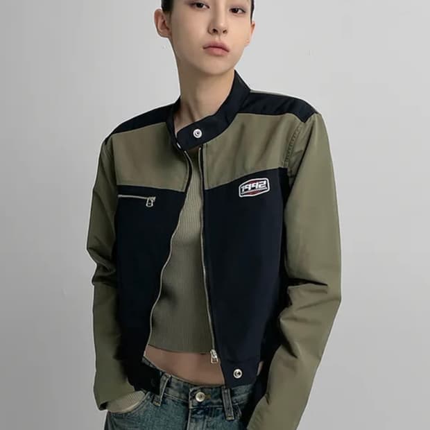 블랙업 버츠 크롭 배색 바이커 자켓