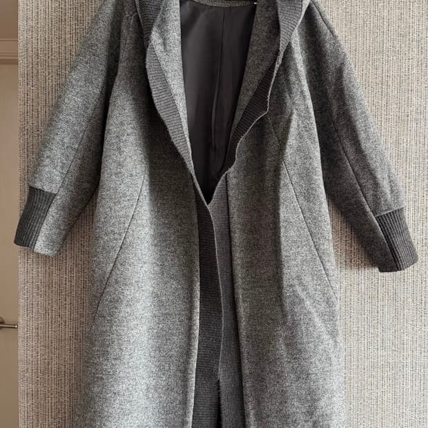 블루페페 후드 롱코트 회색 그레이 울 블렌드 니트 롱자켓 루즈핏 오픈형