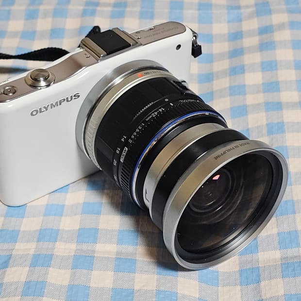 작고 가벼워 휴대하기 좋은 올림푸스 PEN E-PM1 카메라와 광각 렌즈