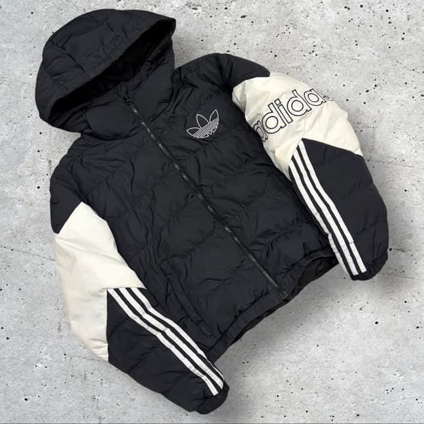 [L] 아디다스 다운 후드 패딩 블랙/화이트 삼선 B832