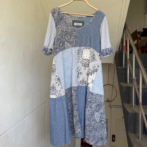 페어리 데님 패치워크 미디 원피스