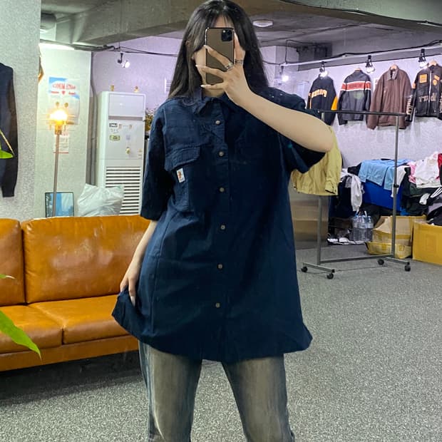 칼하트 투포켓 반팔 셔츠 네이비 B4985