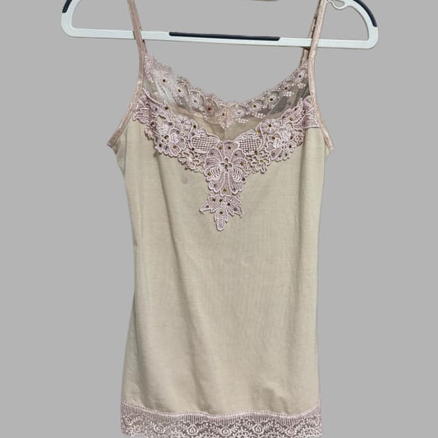 빈티지 레이스 핑크 베이지 슬리브리스