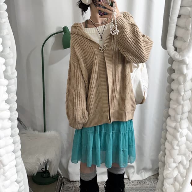 베이지 꽈배기 오버핏 후드 가디건