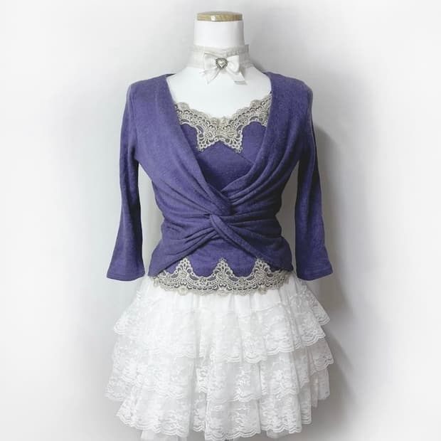 세실맥비 퍼플 레이스 셔링 탑 7부 니트 페어리 바이올렛 보라 오네갸루