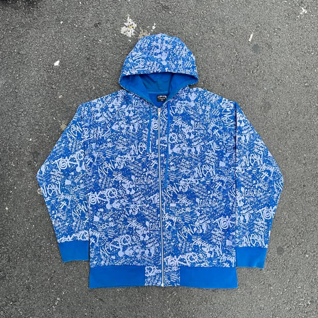 00s 스투시 그래피티 월드투어 올드스쿨 바시티 후드집업 져지 XL