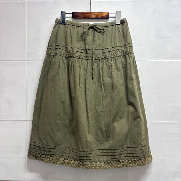 카키 캉캉 레이스 모리걸 코튼 미디 스커트 JPN
