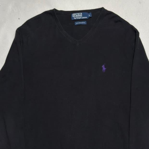 L 폴로랄프로렌 피마코튼 블랙 브이넥 니트