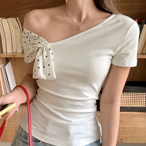 리본 도트 솔리드 넥 반팔