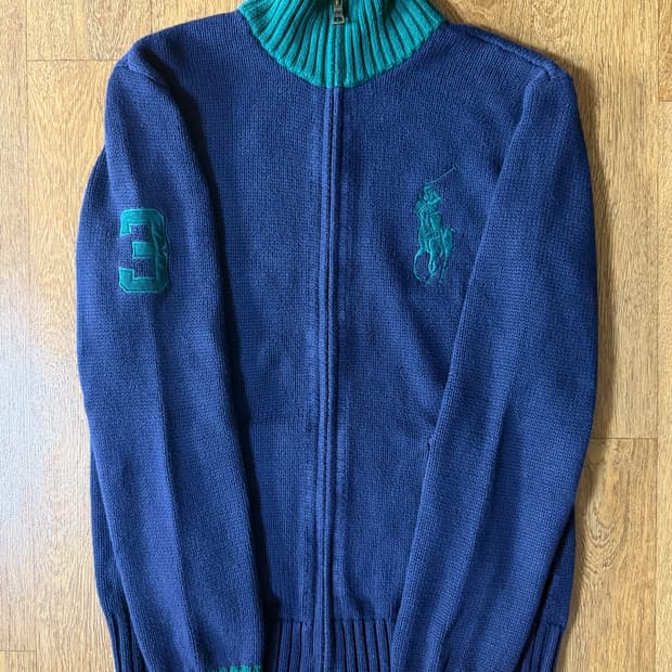 폴로 빅포니 3로고 딥네이비 그린 배색 니트집업