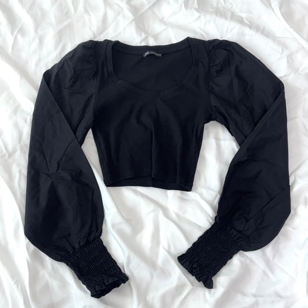 자라(ZARA) 포플린 콤비 벌룬 슬리브 긴팔 탑 블랙