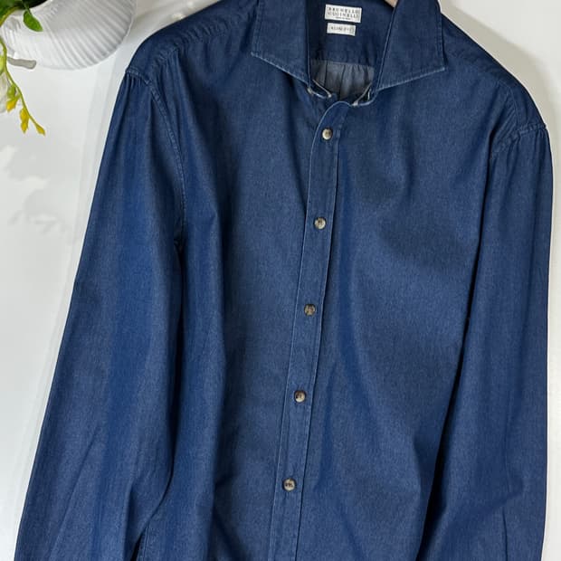 브루넬로 쿠치넬리 데님 셔츠 네이비 블루 슬림핏