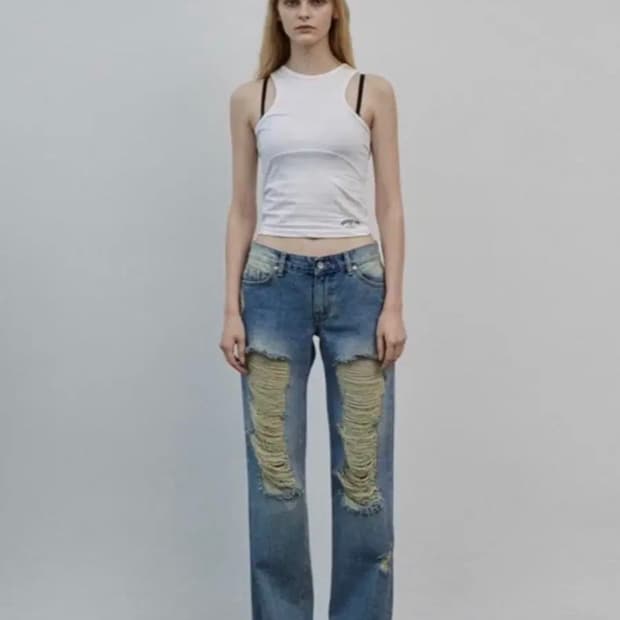 보헤미안서울 데미지 와이드 팬츠 데님 중청 청바지 보헴서