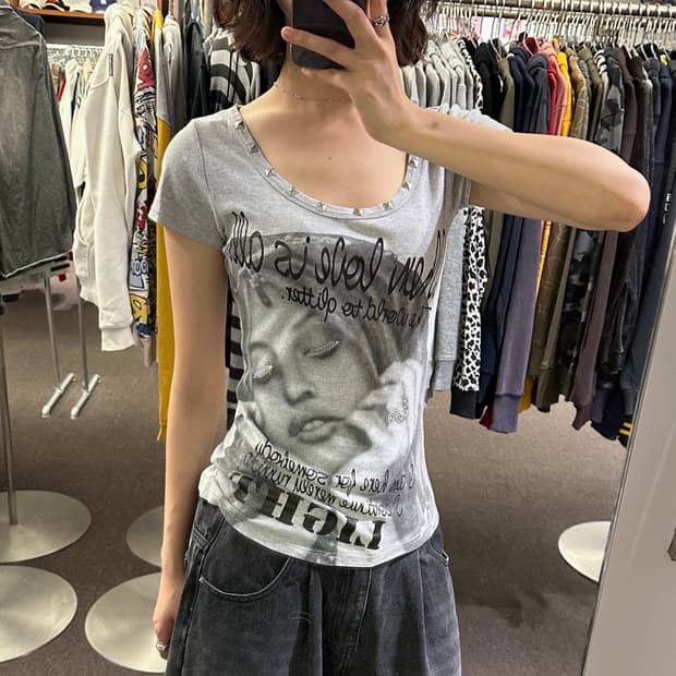 M)Japanese vintage y2k 큐빅 프린팅 반팔
