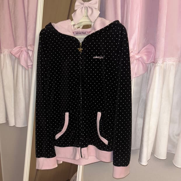 aimerfeel 블랙 핑크 도트 후드집업 갸루 로걀 히메