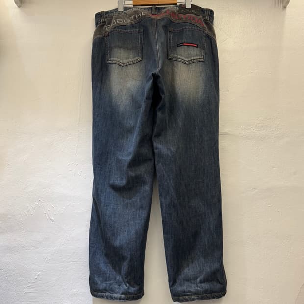 후부 워싱 코듀로이 배색 레터링 데님 팬츠