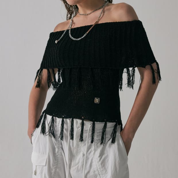 Treemingbird-Tassel Open Shoulder Knit 