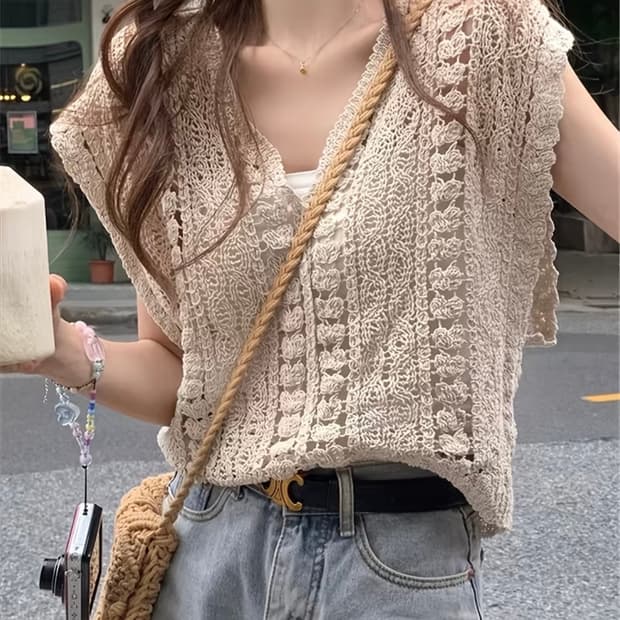 택포)) 베이지 크로쉐 나시 빈티지 모리걸 레이어드 슬리브리스 