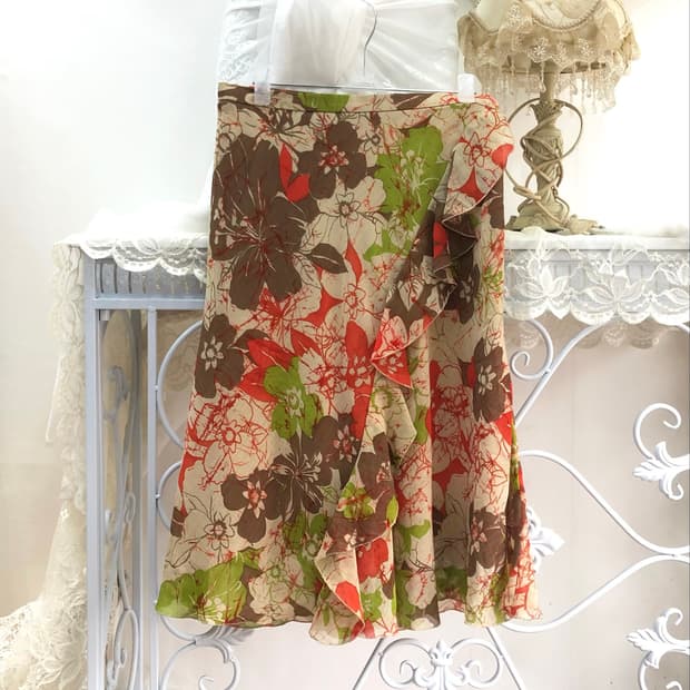 floral print asymmetrical ruffle midi sk