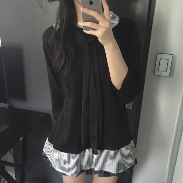 JPN 사와코 하구미 모리걸 스트라이프 레이어드 셔츠티셔츠