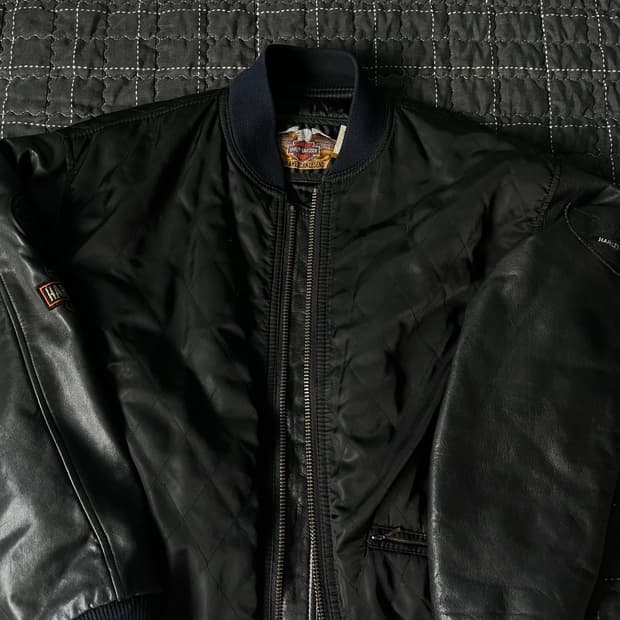 90s Harley nylon quilted leather bomber