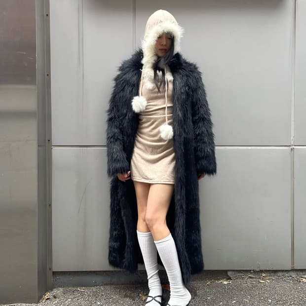 Black long shaggy faux fur coat