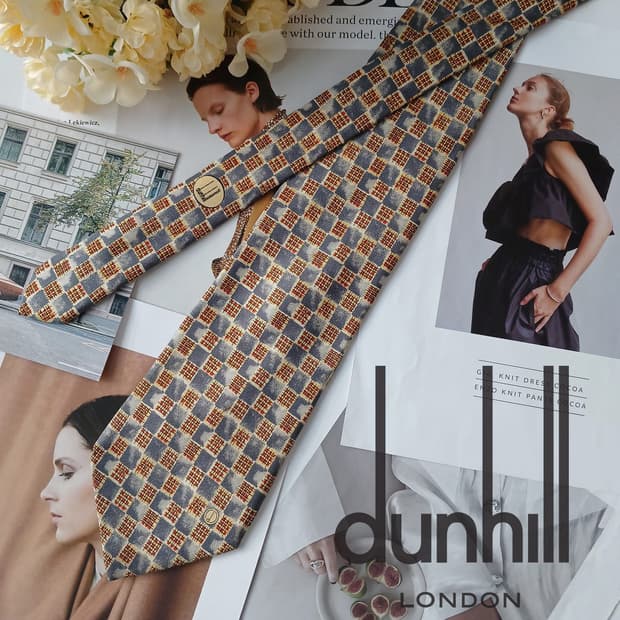 던힐 실크 그레이&골드 체크 패턴 넥타이 9.8cm A등급 A19141
