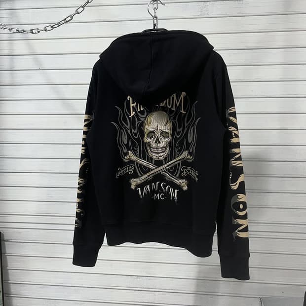 Vanson Learhers flame skull hood zip up