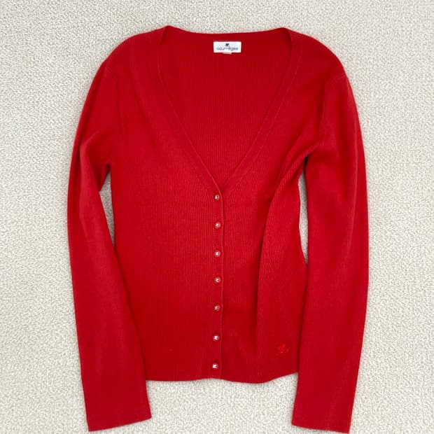 꾸레쥬 레드 브이넥 가디건