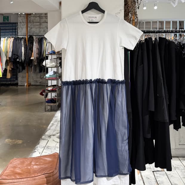 꼼데가르송 걸 화이트 게더링 네이비 시스루 레이어드 원피스